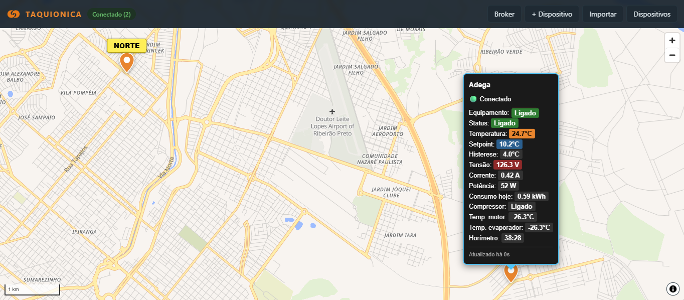 Painel de monitoramento com mapa de dispositivos por GPS